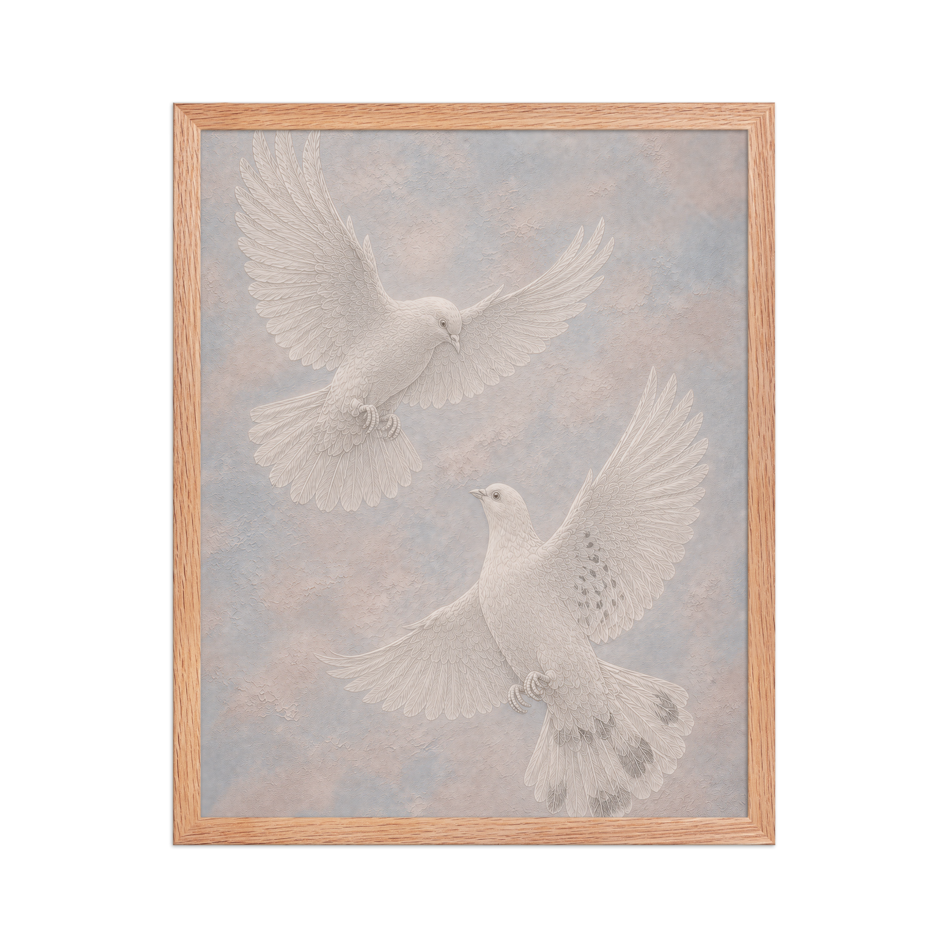 Framed two peace doves print with embossed relief-look design on dusty blue and blush textured background