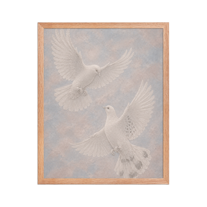Framed two peace doves print with embossed relief-look design on dusty blue and blush textured background