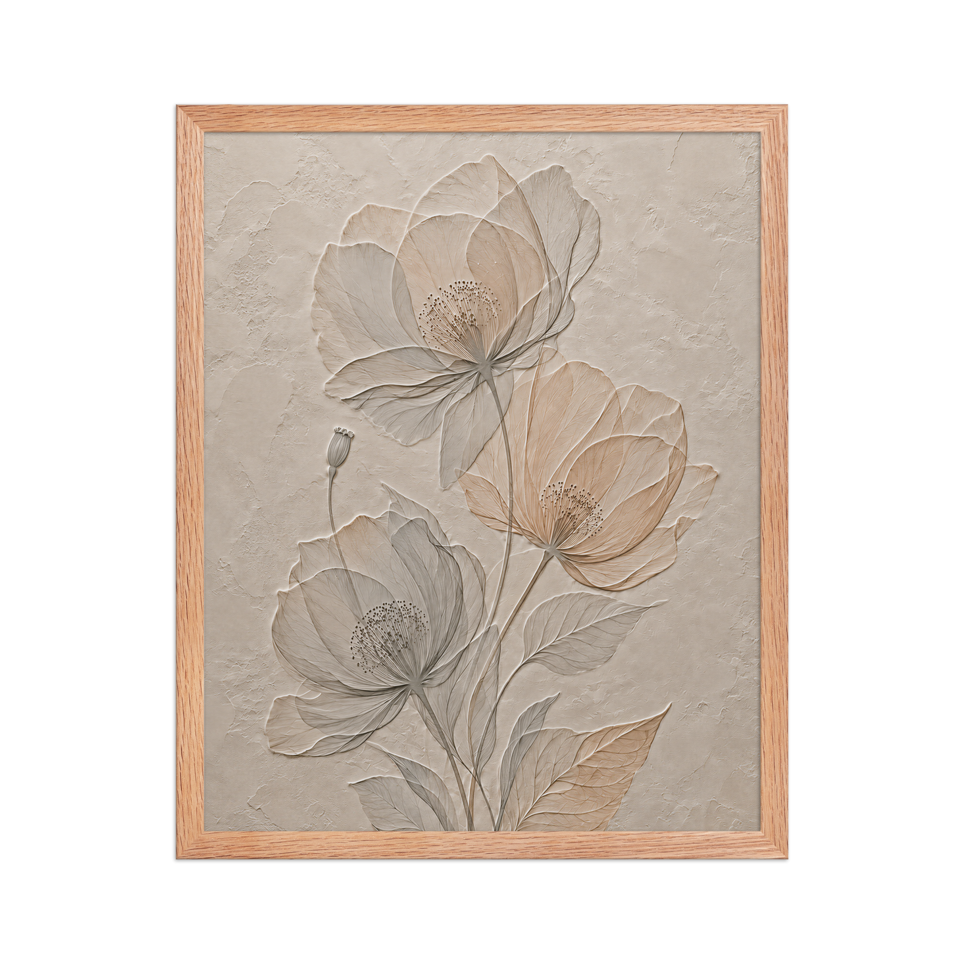 Framed wildflower bouquet print with embossed relief-look design on neutral beige textured background