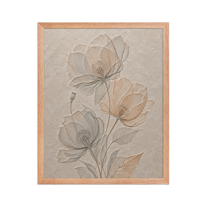Framed wildflower bouquet print with embossed relief-look design on neutral beige textured background