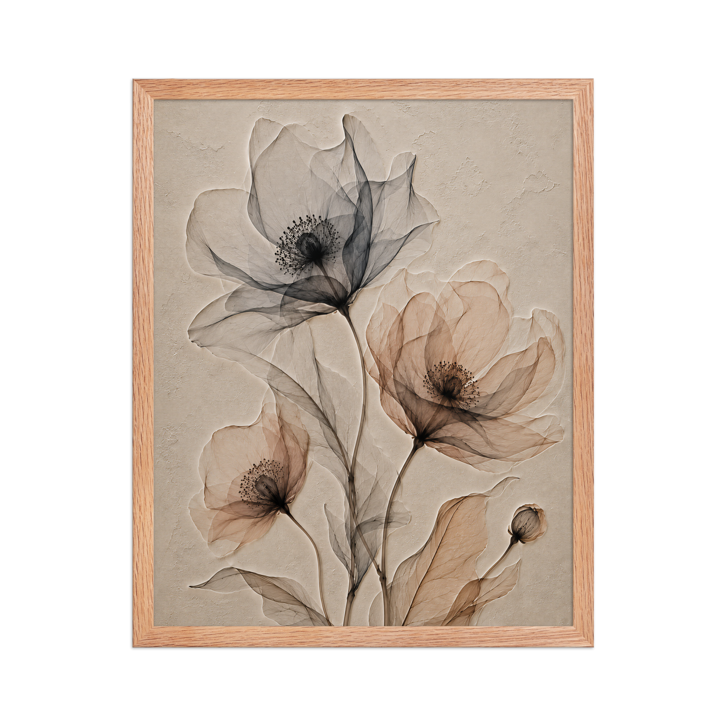 Framed wildflower trio print with embossed relief-look design in charcoal and clay tones on beige textured background