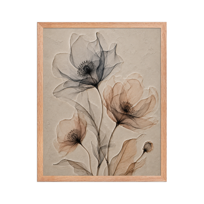 Framed wildflower trio print with embossed relief-look design in charcoal and clay tones on beige textured background