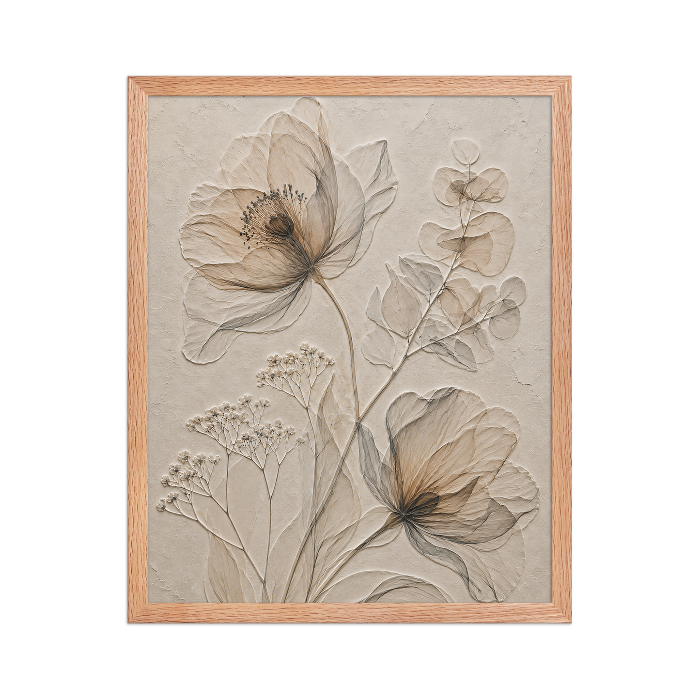 Framed botanical study print with embossed relief-look design in warm sepia tones on beige textured background