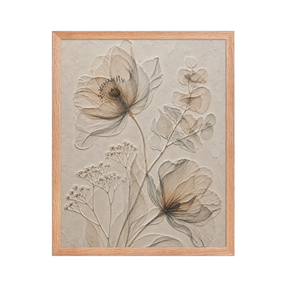 Framed botanical study print with embossed relief-look design in warm sepia tones on beige textured background