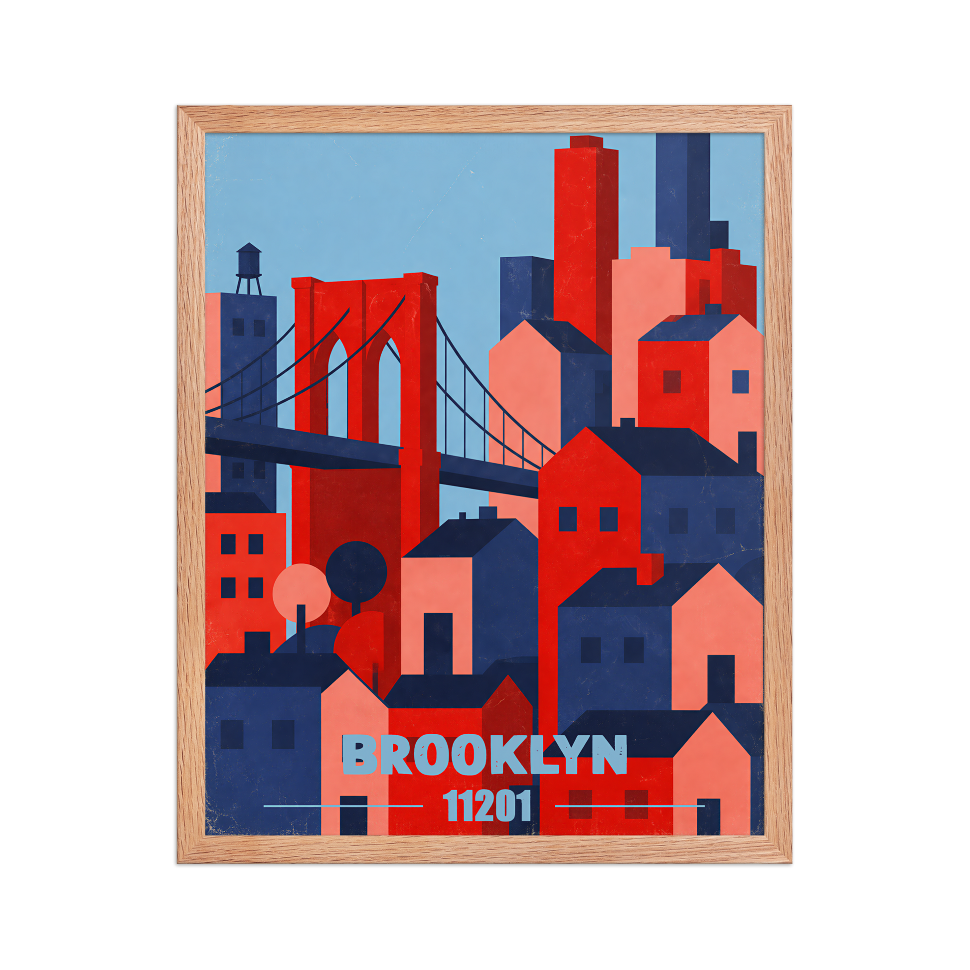 Framed Brooklyn Bridge retro travel poster, 11201 zip code wall art