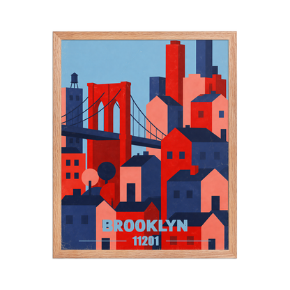 Framed Brooklyn Bridge retro travel poster, 11201 zip code wall art