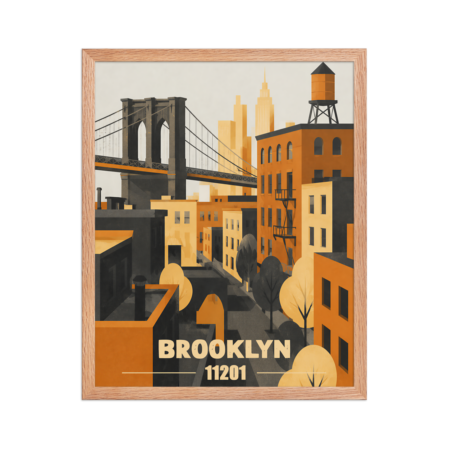 Framed Brooklyn fire escape retro travel poster, 11201 zip code wall art