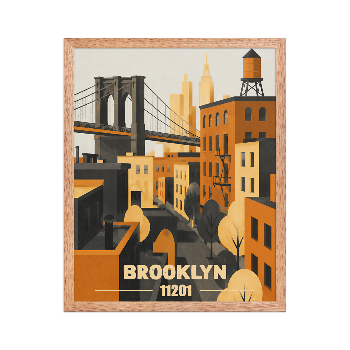 Framed Brooklyn fire escape retro travel poster, 11201 zip code wall art