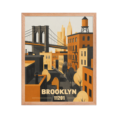 Framed Brooklyn fire escape retro travel poster, 11201 zip code wall art