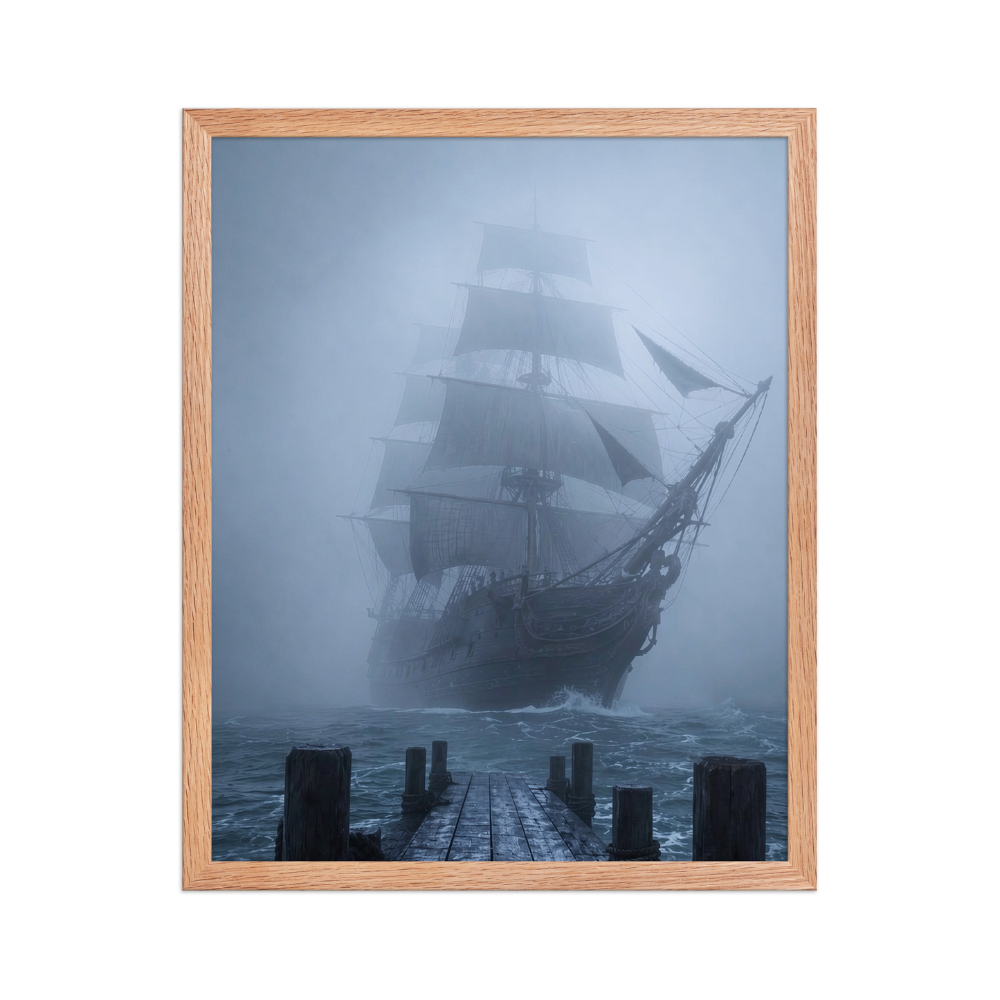 Ghost ship emerging from fog at dawn, dark moody framed wall art print ready to hang, JMTR Jeometry Store