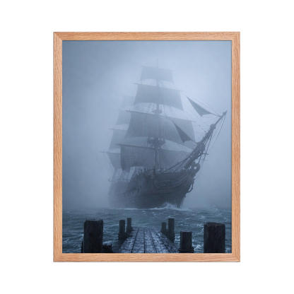Ghost ship emerging from fog at dawn, dark moody framed wall art print ready to hang, JMTR Jeometry Store