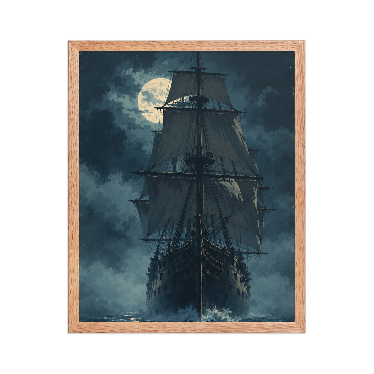 Tall ship sailing under full moon at night, vintage atmospheric nautical framed wall art print ready to hang, JMTR Jeometry Store