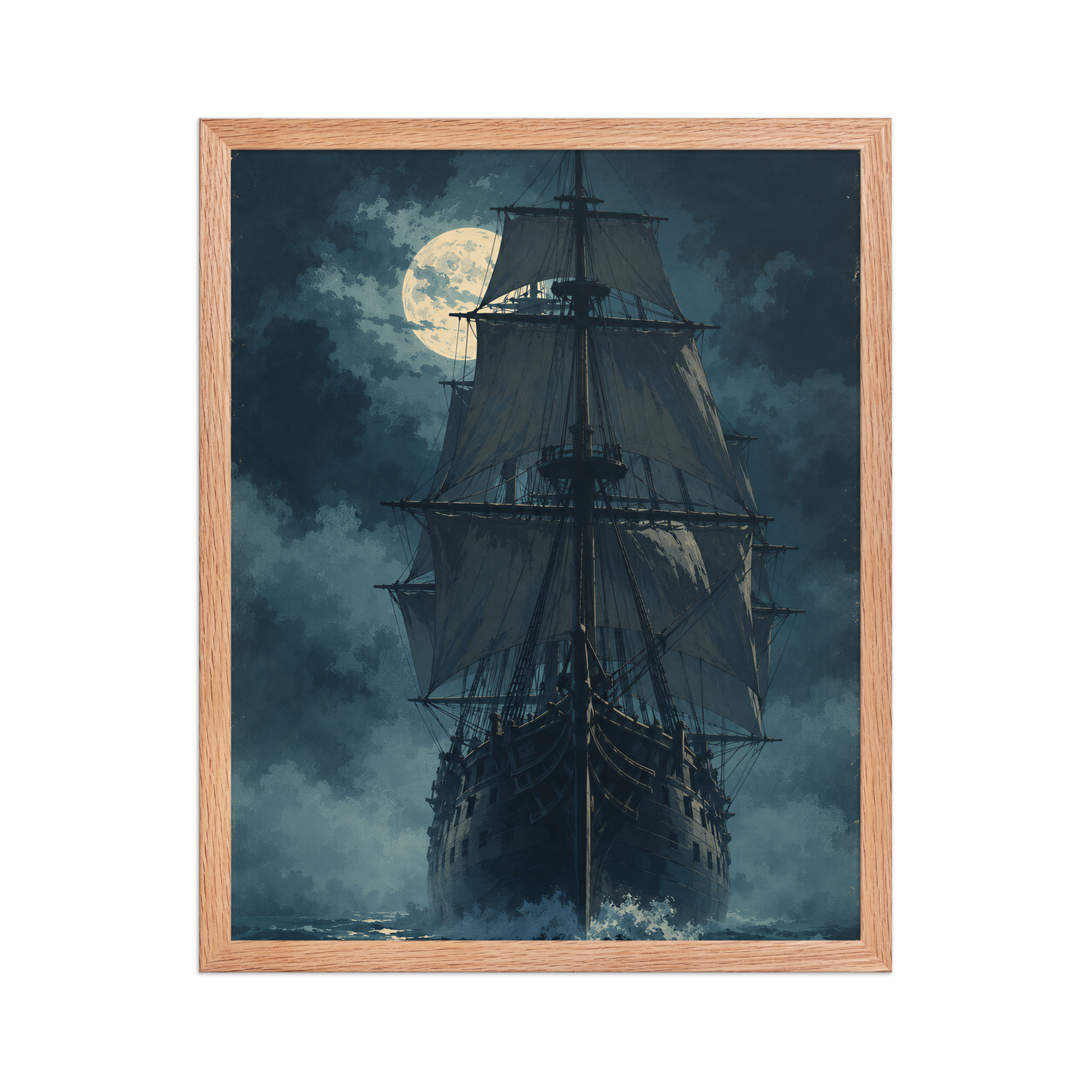 Tall ship sailing under full moon at night, vintage atmospheric nautical framed wall art print ready to hang, JMTR Jeometry Store