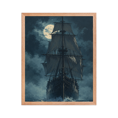 Tall ship sailing under full moon at night, vintage atmospheric nautical framed wall art print ready to hang, JMTR Jeometry Store