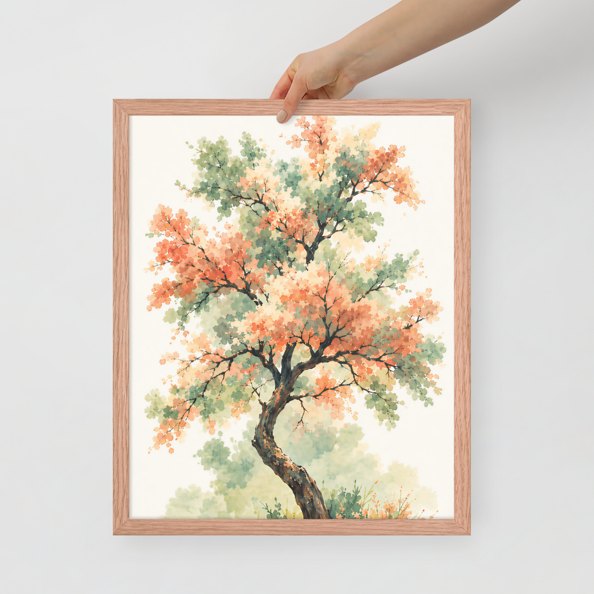 Watercolor painting of a blossoming tree with coral and sage green leaves, twisting trunk in a quiet meadow, framed wall art print ready to hang, JMTR Jeometry Store