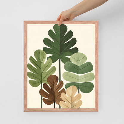 Illustrated fig leaves in shades of green, brown and gold with textured paper-like finish, framed wall art print ready to hang, JMTR Jeometry Store