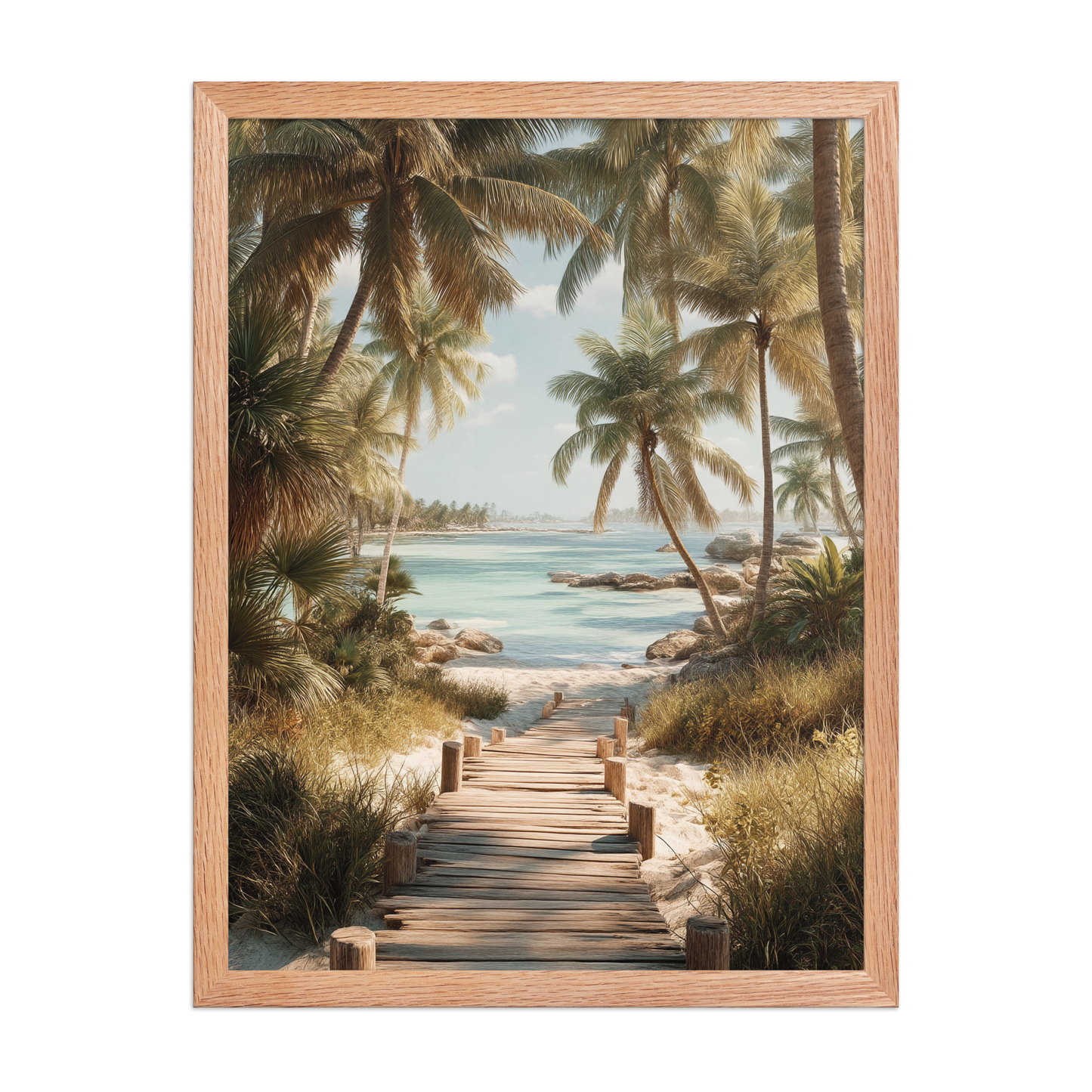 Wooden boardwalk path through tropical palm trees 
leading to calm turquoise beach, framed wall art print, 
black frame, JMTR Jeometry Store
