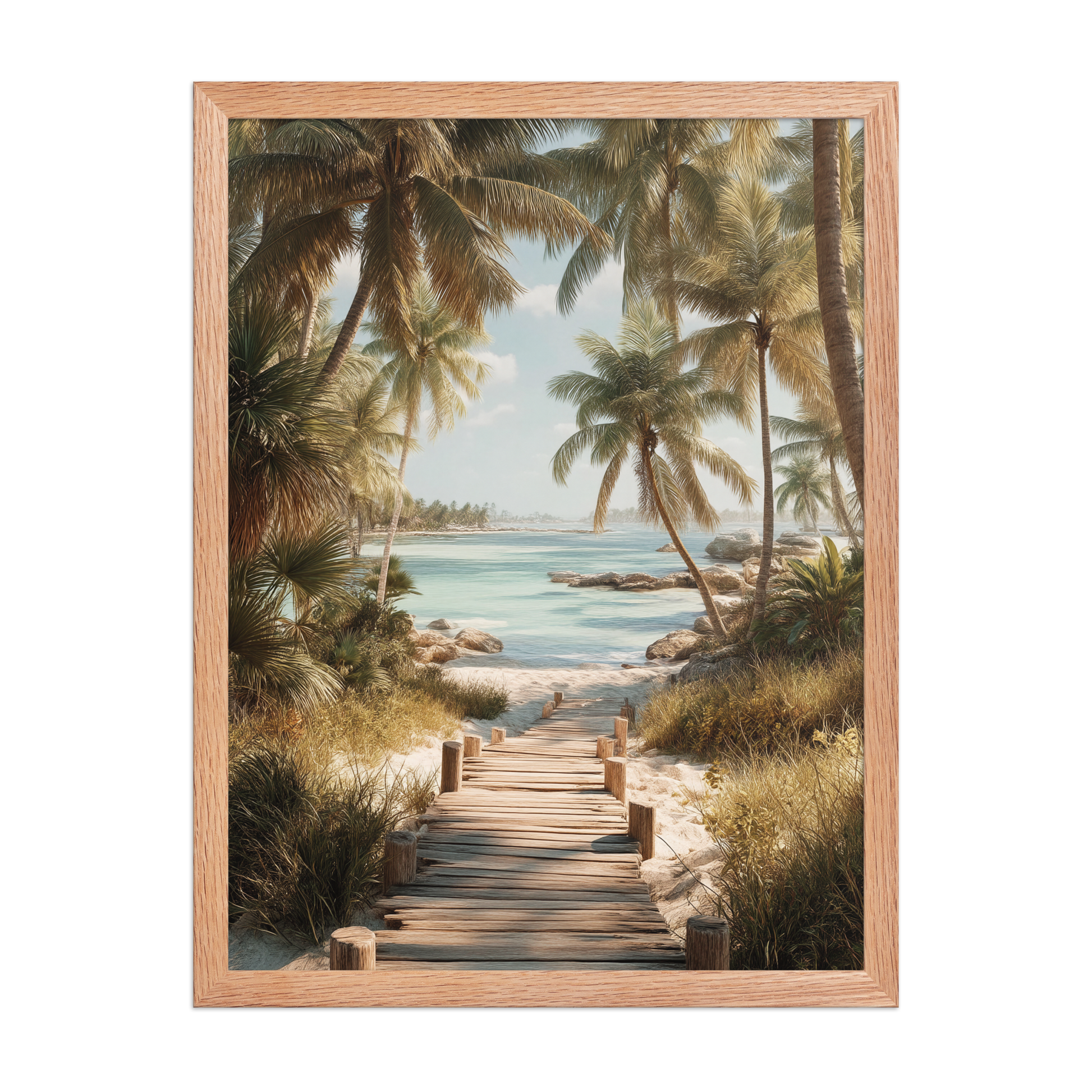 Wooden boardwalk path through tropical palm trees 
leading to calm turquoise beach, framed wall art print, 
black frame, JMTR Jeometry Store