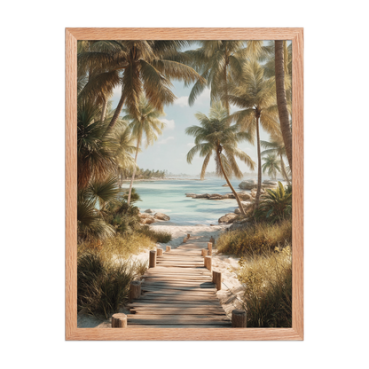 Wooden boardwalk path through tropical palm trees 
leading to calm turquoise beach, framed wall art print, 
black frame, JMTR Jeometry Store