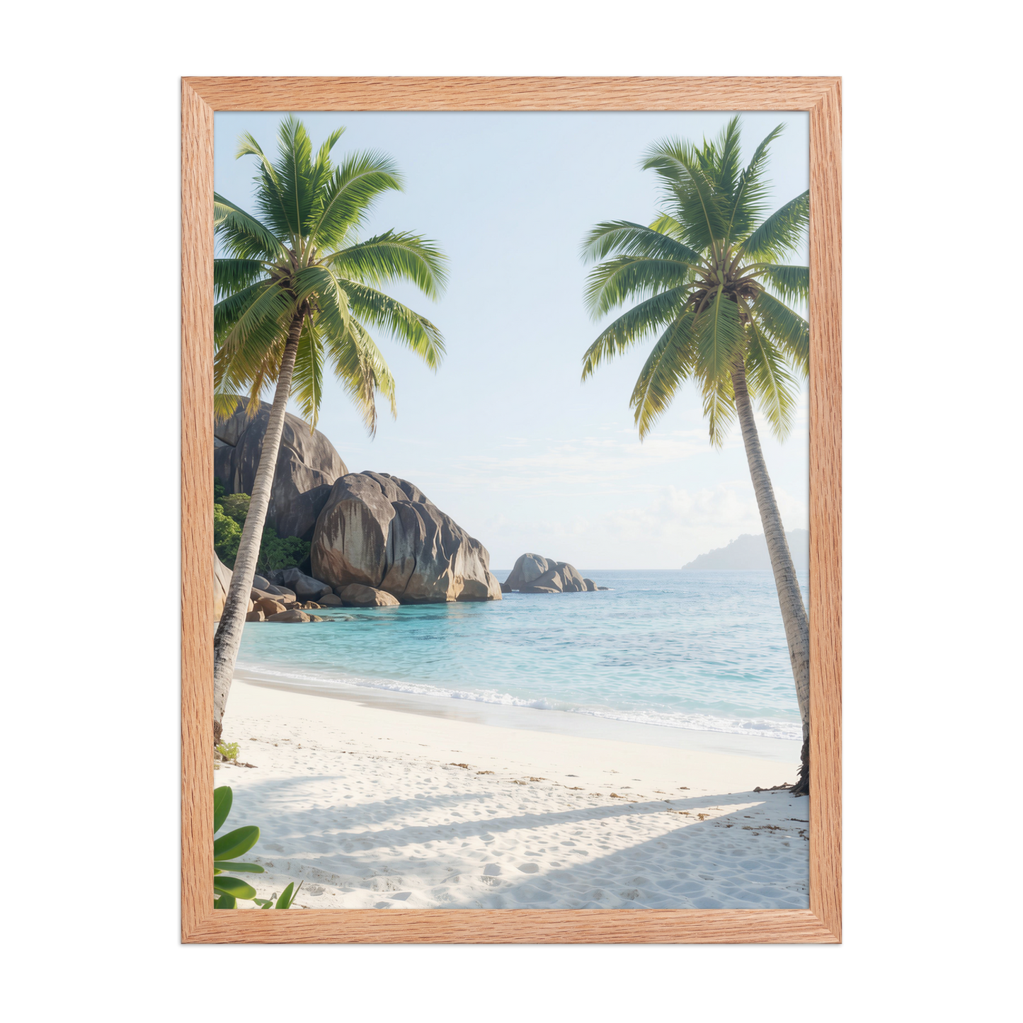 Framed tropical beach print with turquoise ocean, white sand and palm trees, ready to hang coastal wall art, JMTR Jeometry Store