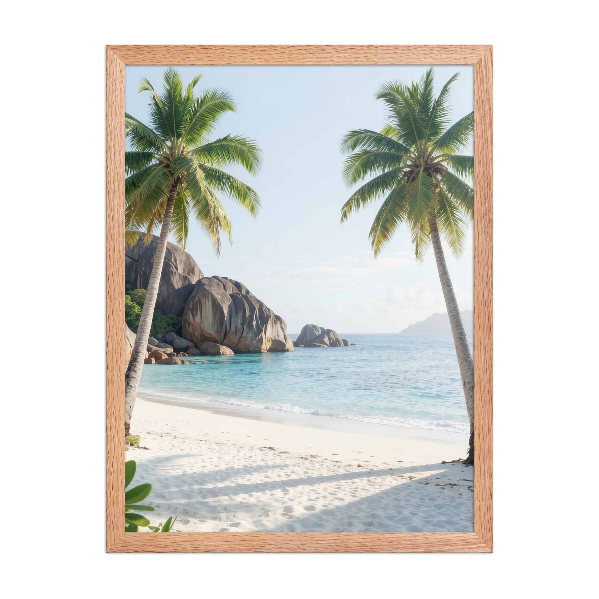 Framed tropical beach print with turquoise ocean, white sand and palm trees, ready to hang coastal wall art, JMTR Jeometry Store