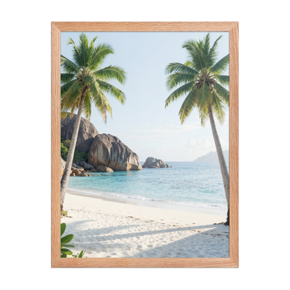 Framed tropical beach print with turquoise ocean, white sand and palm trees, ready to hang coastal wall art, JMTR Jeometry Store