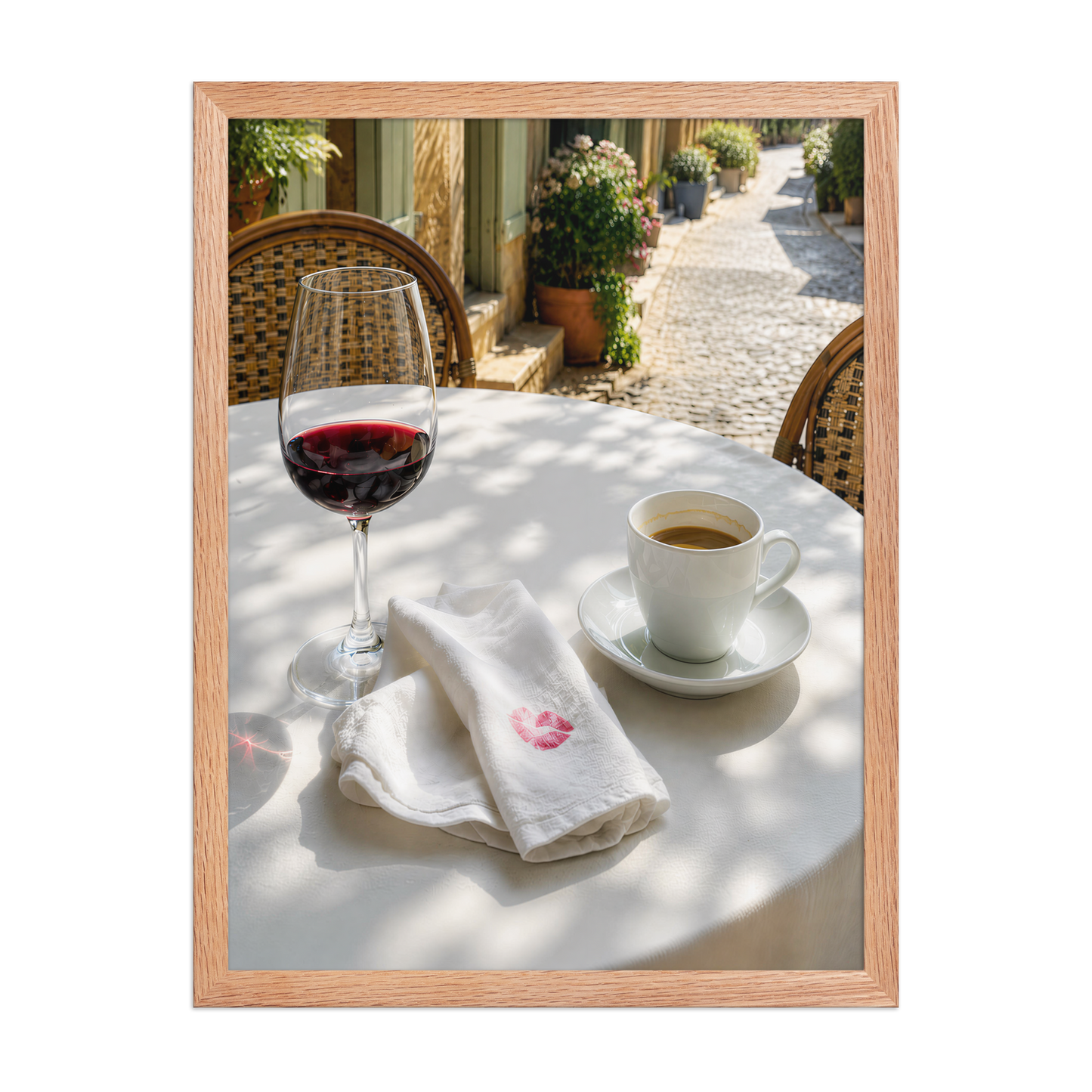 Framed sunlit café terrace print with red wine and espresso, ready to hang wall art, JMTR Jeometry Store