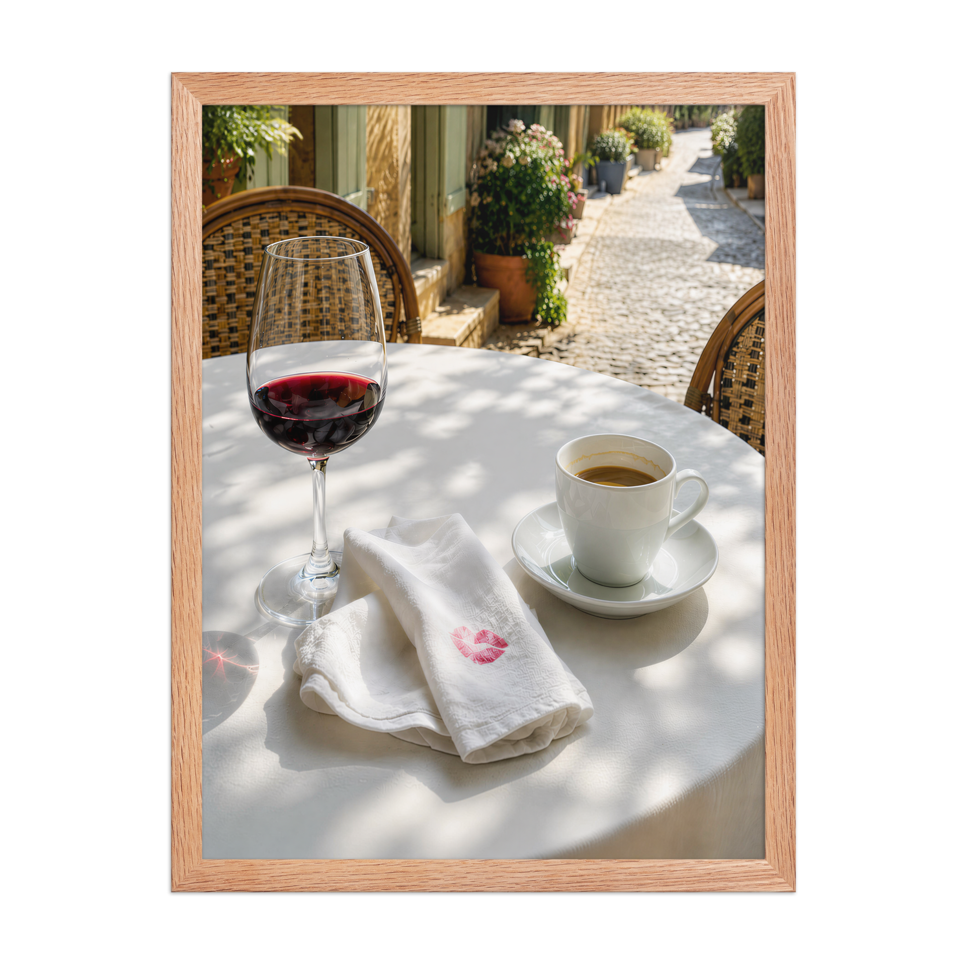 Framed sunlit café terrace print with red wine and espresso, ready to hang wall art, JMTR Jeometry Store
