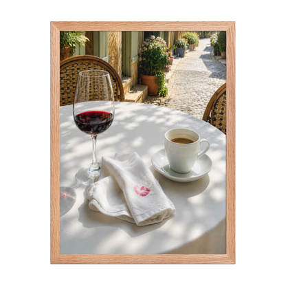 Framed sunlit café terrace print with red wine and espresso, ready to hang wall art, JMTR Jeometry Store
