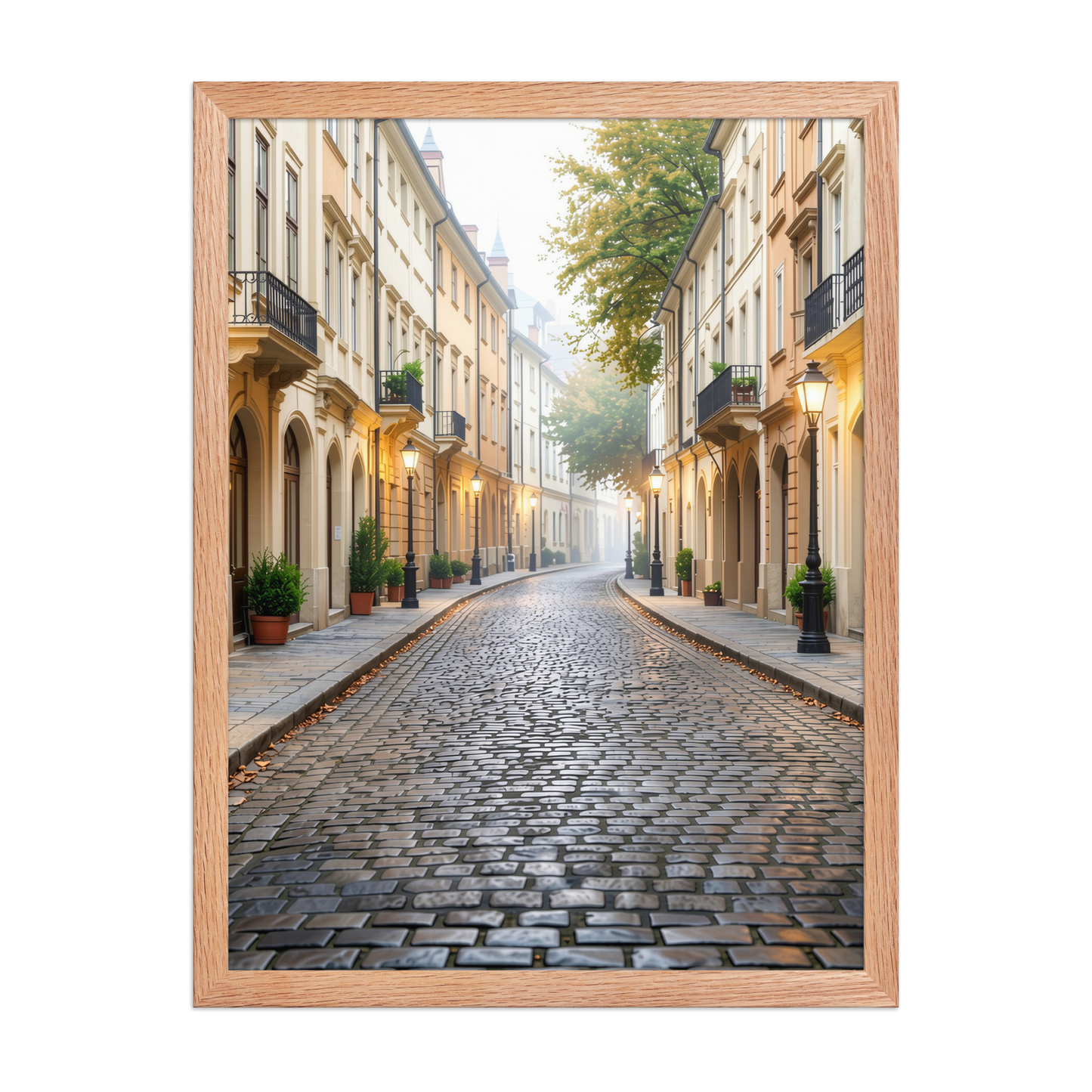 Framed European cobblestone street wall art, calm aesthetic old town morning fog poster, black frame, JMTR Jeometry Store