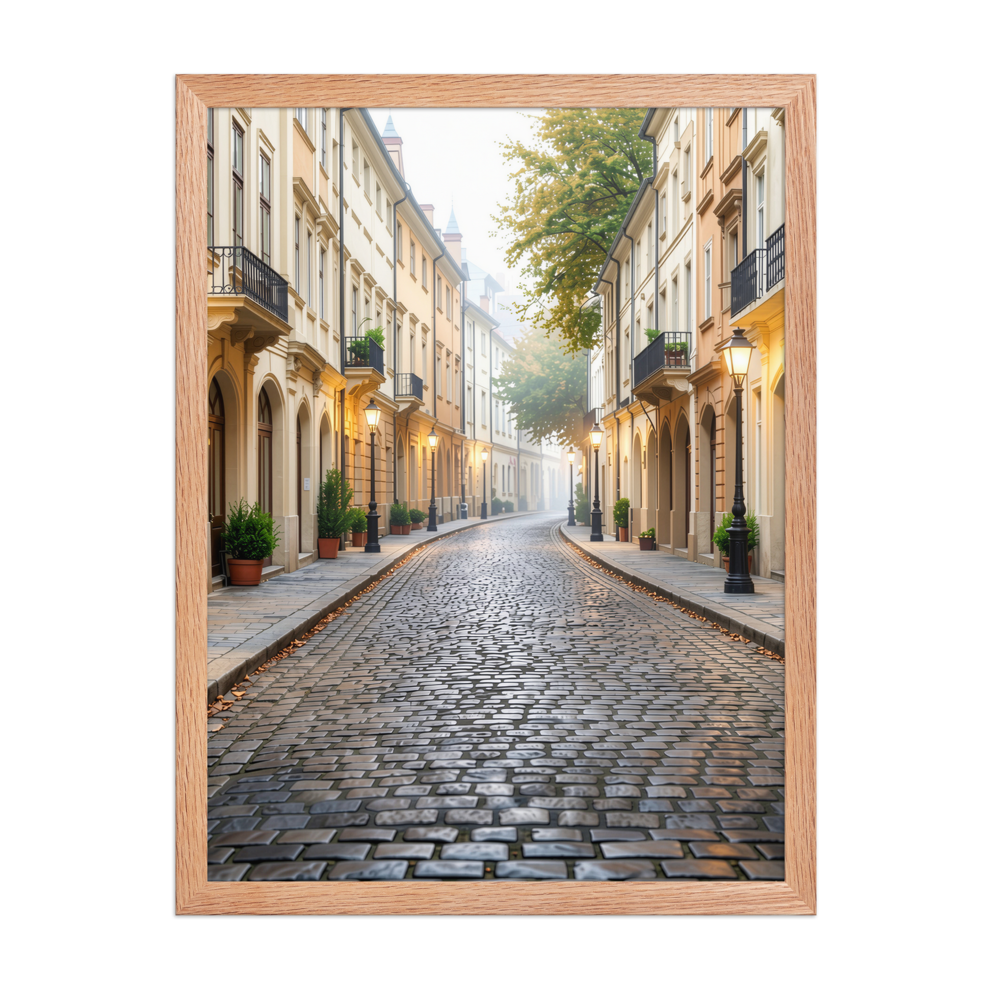 Framed European cobblestone street wall art, calm aesthetic old town morning fog poster, black frame, JMTR Jeometry Store