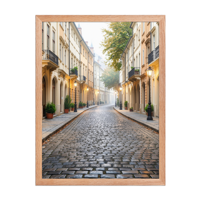 Framed European cobblestone street wall art, calm aesthetic old town morning fog poster, black frame, JMTR Jeometry Store