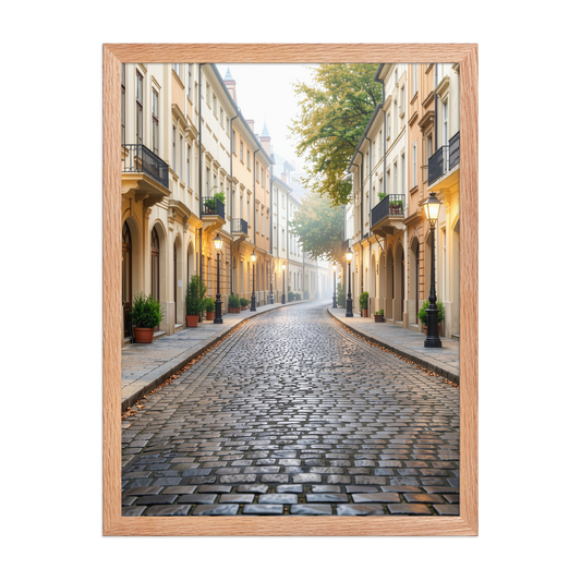 Framed European cobblestone street wall art, calm aesthetic old town morning fog poster, black frame, JMTR Jeometry Store