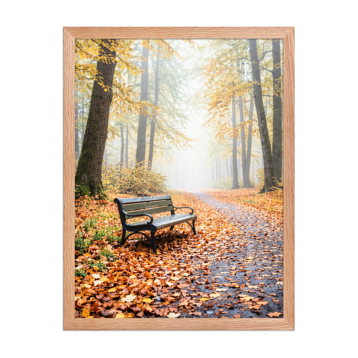 Framed autumn park bench wall art, foggy forest path fall leaves calm aesthetic poster, black frame, JMTR Jeometry Store