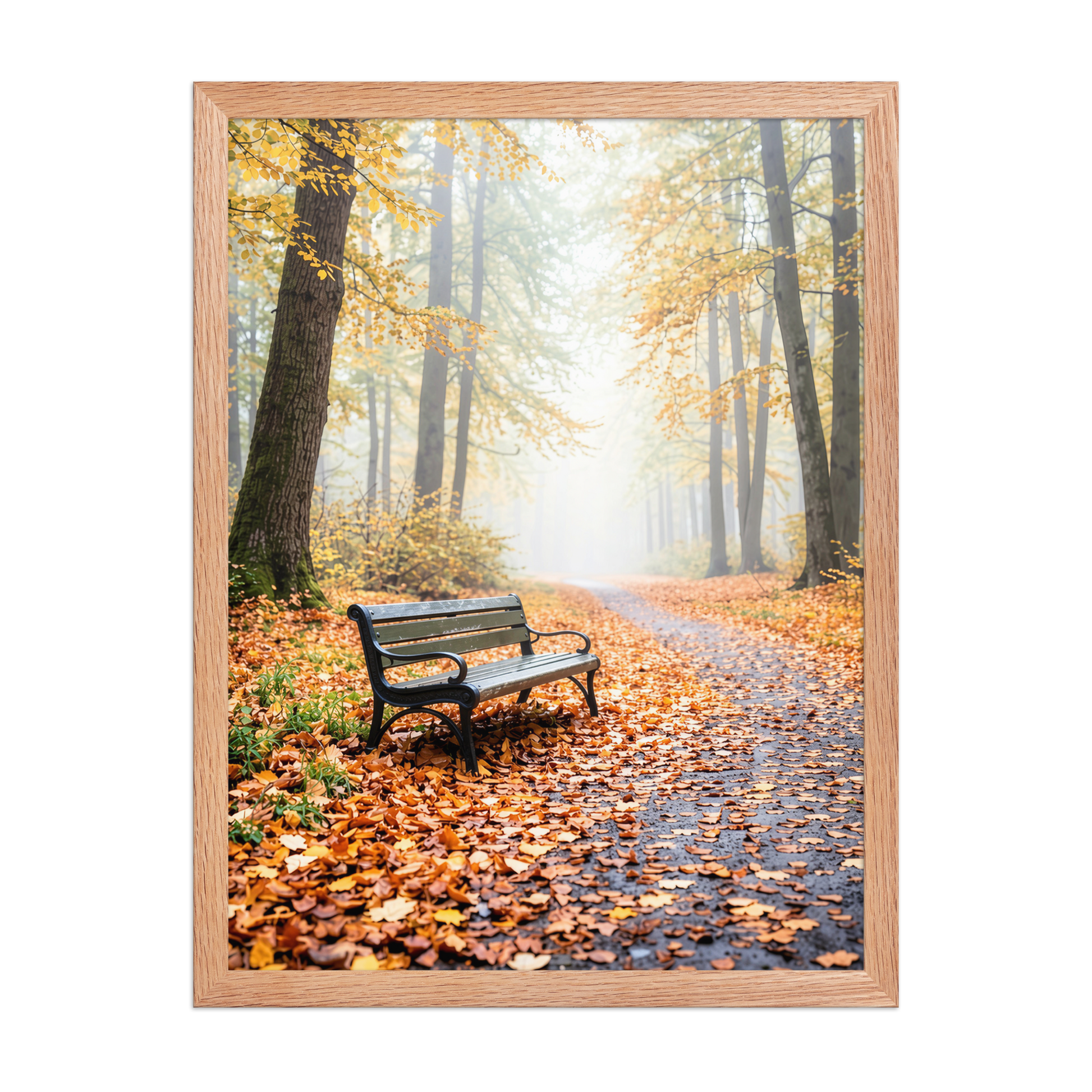 Framed autumn park bench wall art, foggy forest path fall leaves calm aesthetic poster, black frame, JMTR Jeometry Store