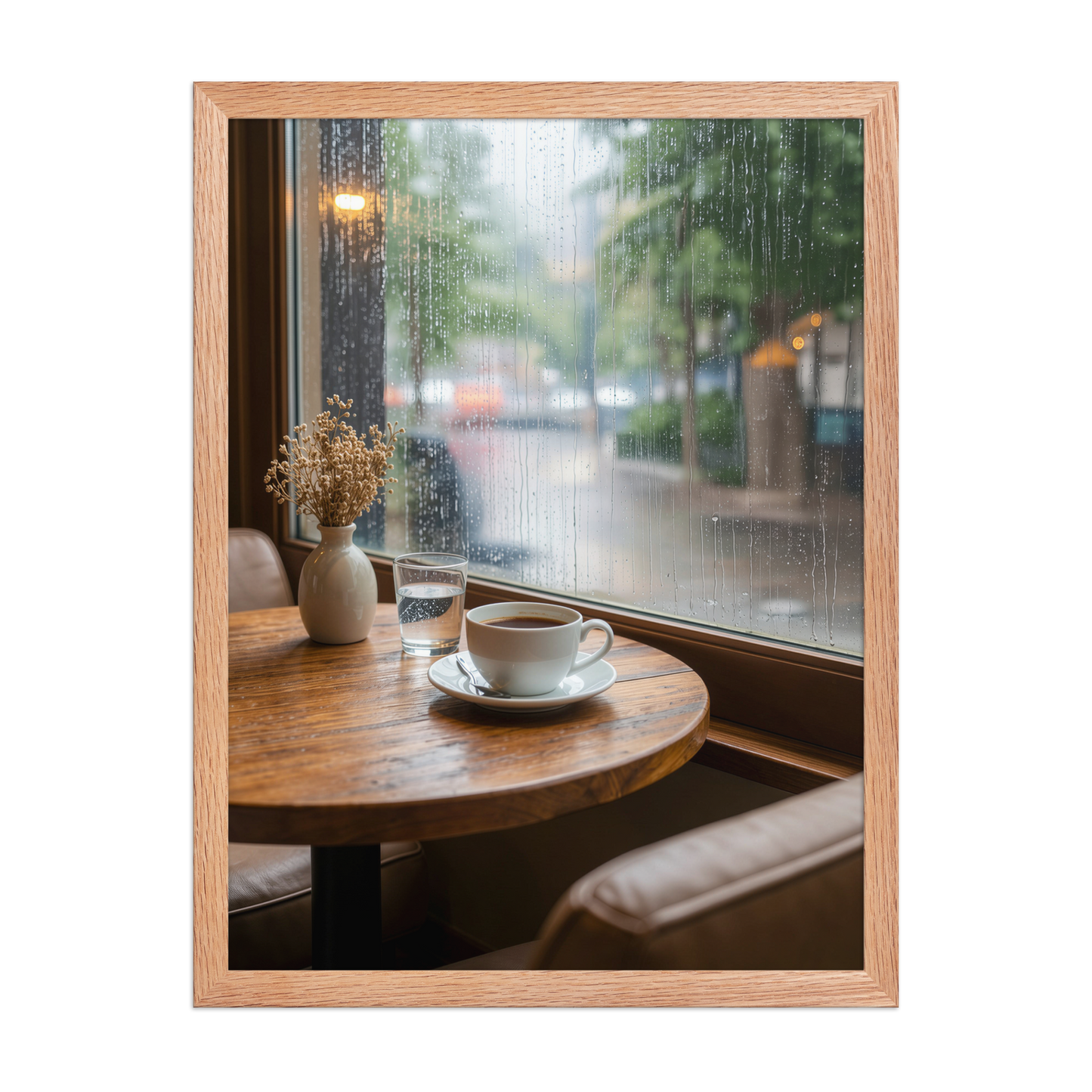 Framed rainy day cafe wall art, coffee cup by rain window calm aesthetic poster, black frame, JMTR Jeometry Store