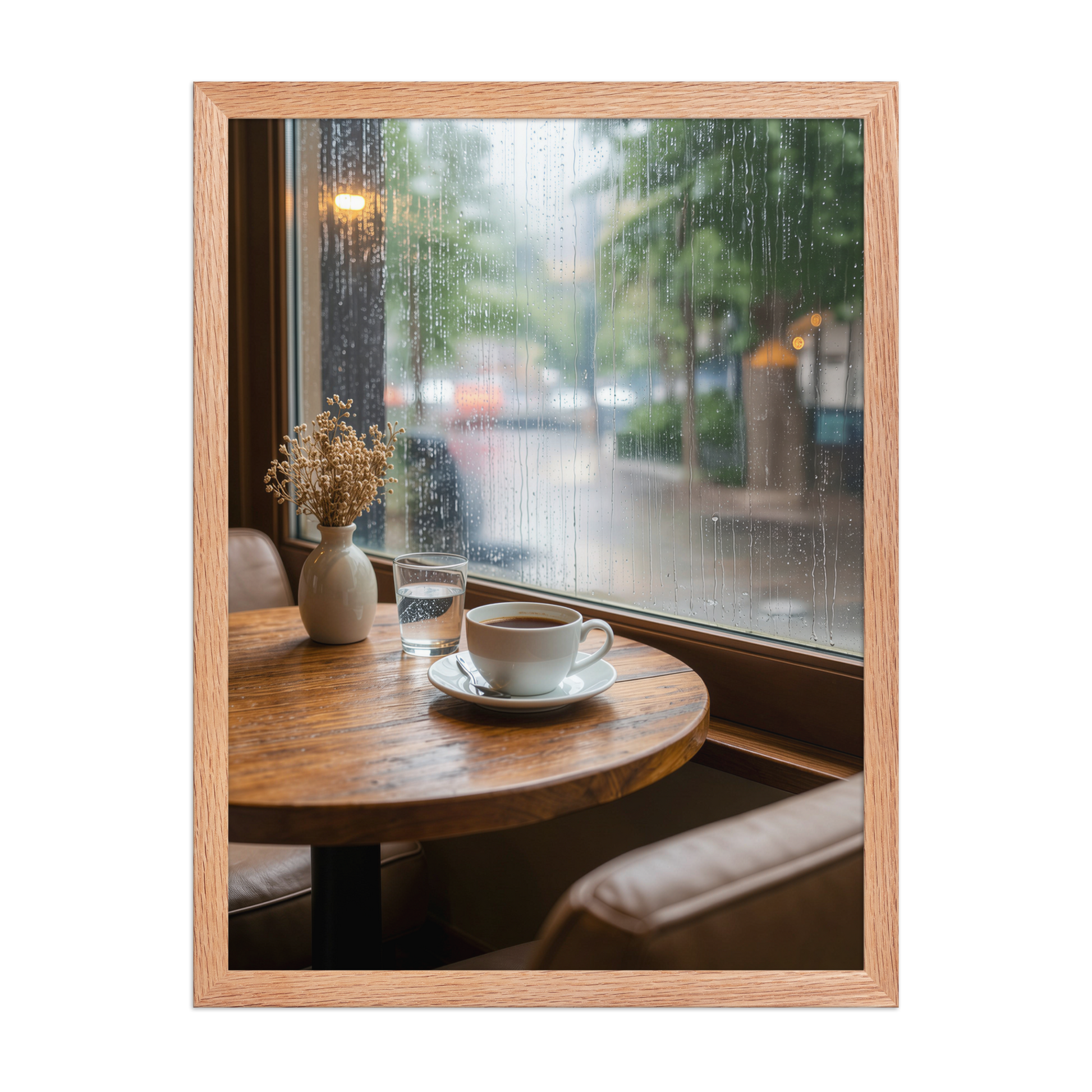 Framed rainy day cafe wall art, coffee cup by rain window calm aesthetic poster, black frame, JMTR Jeometry Store