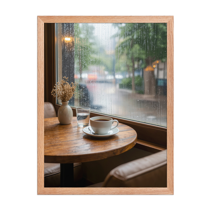 Framed rainy day cafe wall art, coffee cup by rain window calm aesthetic poster, black frame, JMTR Jeometry Store