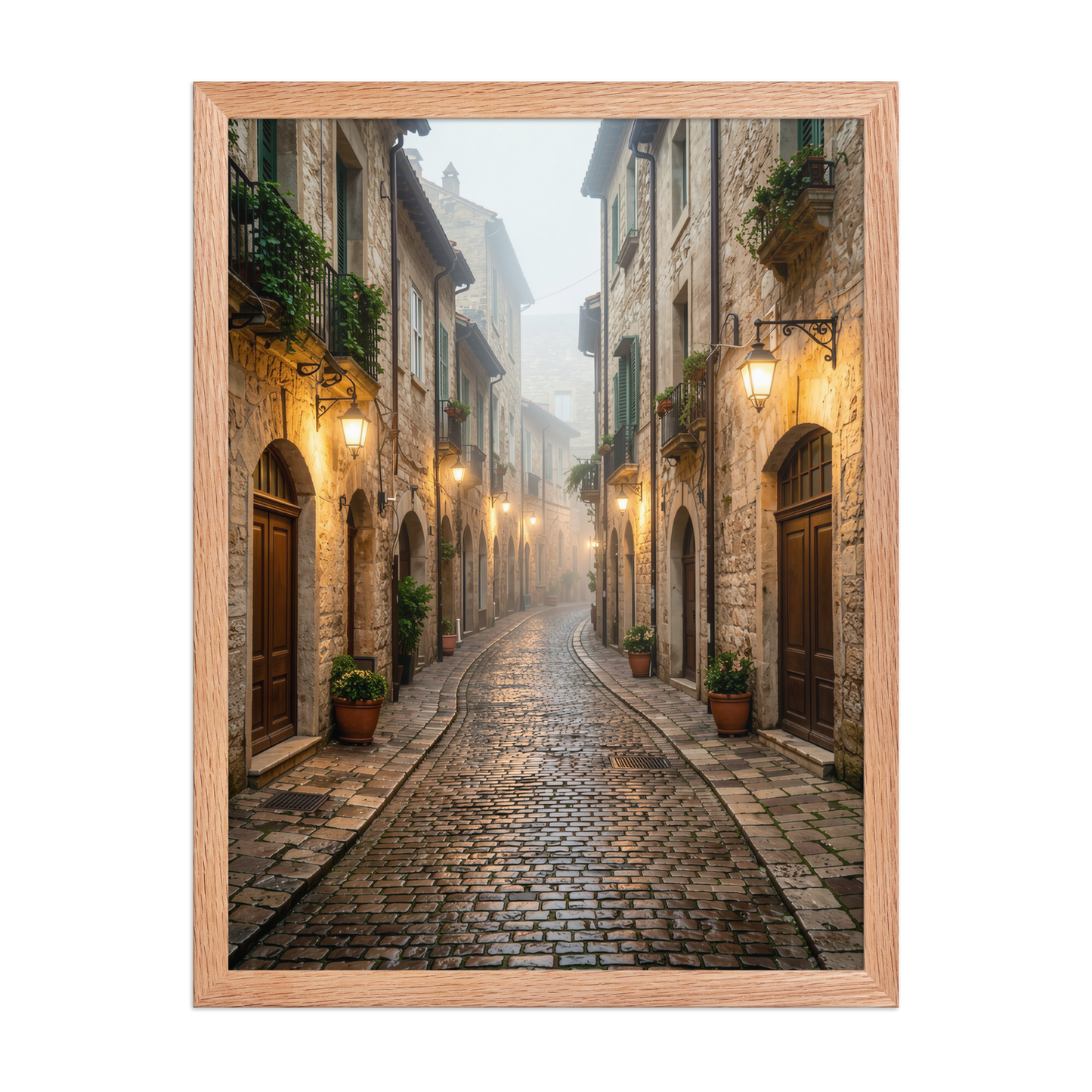 Framed Italian village cobblestone street wall art, warm lanterns foggy alley calm aesthetic poster, black frame, JMTR Jeometry Store
