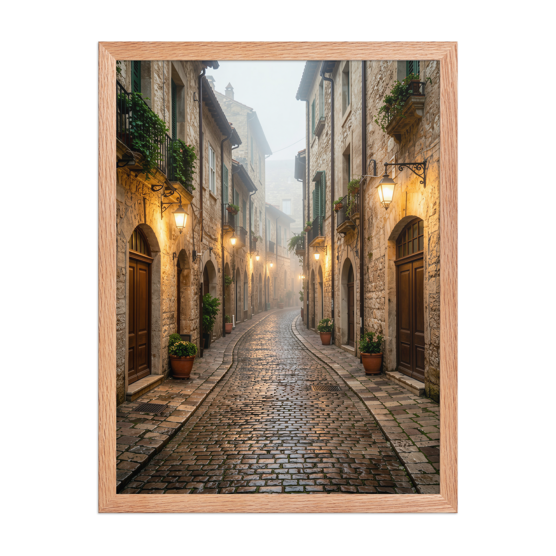 Framed Italian village cobblestone street wall art, warm lanterns foggy alley calm aesthetic poster, black frame, JMTR Jeometry Store