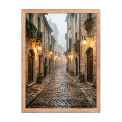 Framed Italian village cobblestone street wall art, warm lanterns foggy alley calm aesthetic poster, black frame, JMTR Jeometry Store