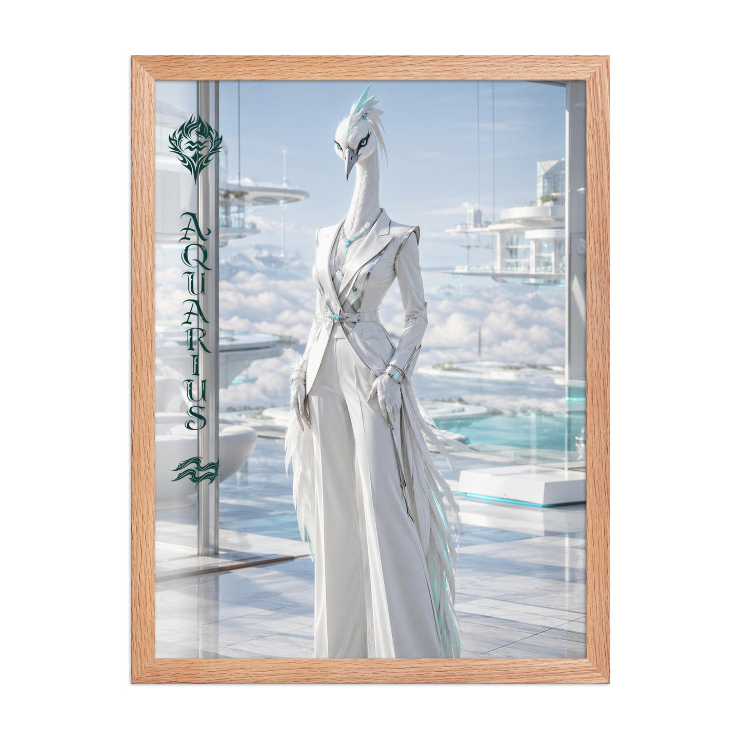 Framed Aquarius woman zodiac poster featuring a white crane standing above the clouds in a futuristic celestial city