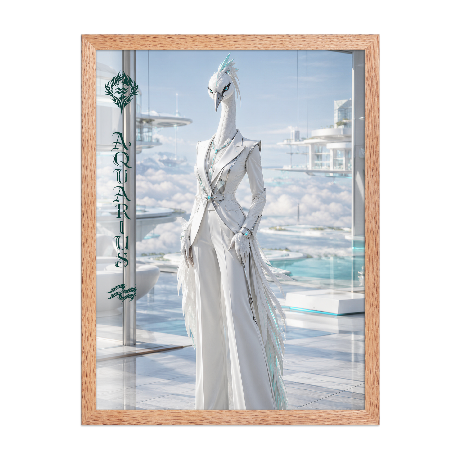 Framed Aquarius woman zodiac poster featuring a white crane standing above the clouds in a futuristic celestial city