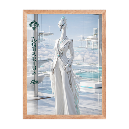 Framed Aquarius woman zodiac poster featuring a white crane standing above the clouds in a futuristic celestial city