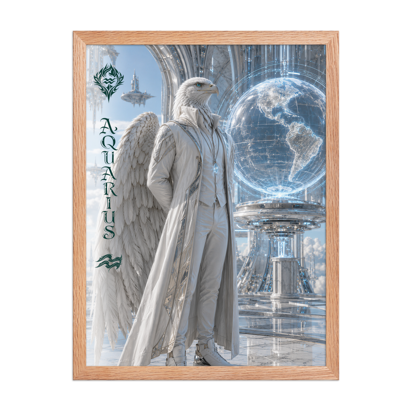 Framed Aquarius man zodiac poster featuring a white eagle standing before a glowing world in a futuristic celestial city