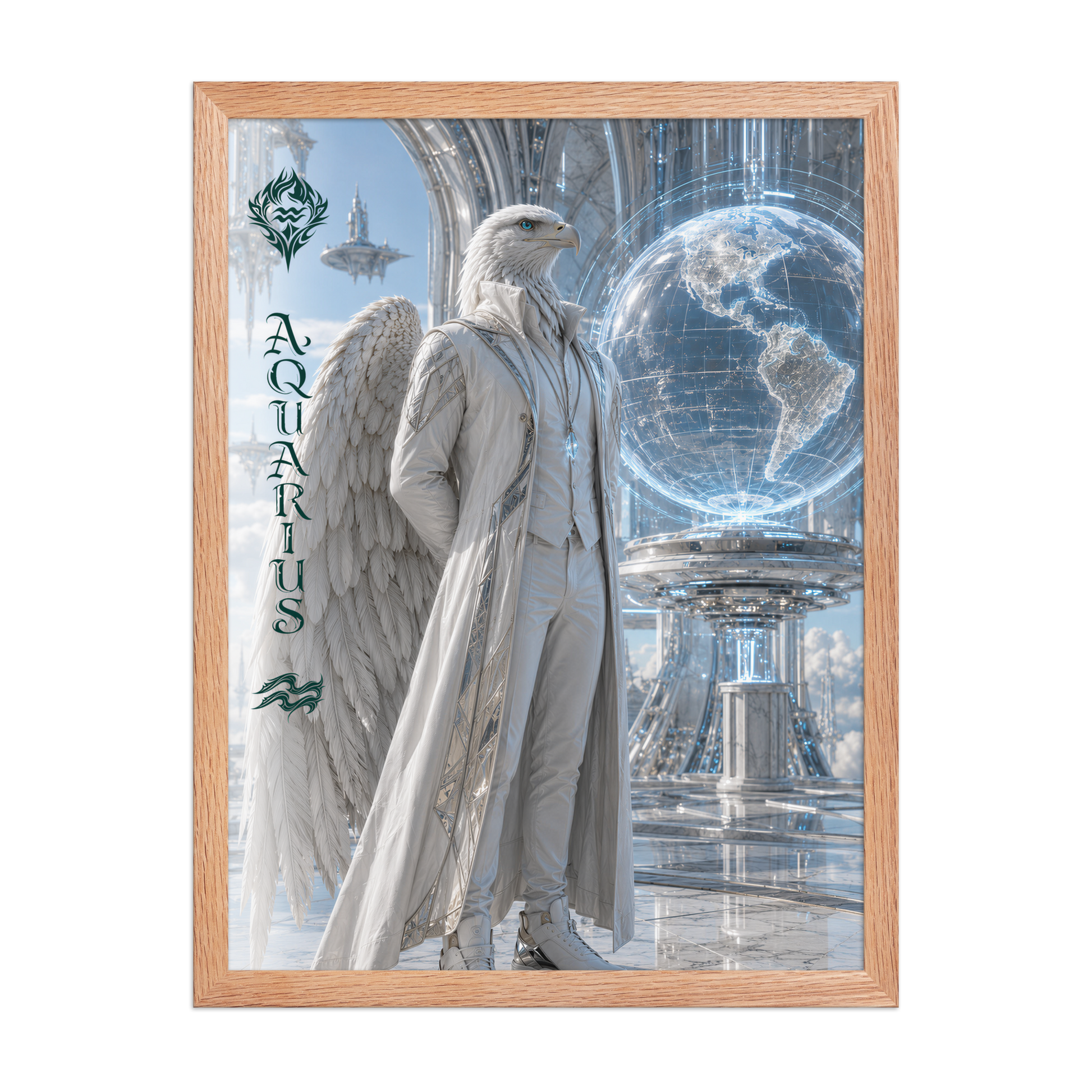 Framed Aquarius man zodiac poster featuring a white eagle standing before a glowing world in a futuristic celestial city