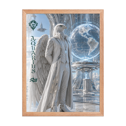 Framed Aquarius man zodiac poster featuring a white eagle standing before a glowing world in a futuristic celestial city
