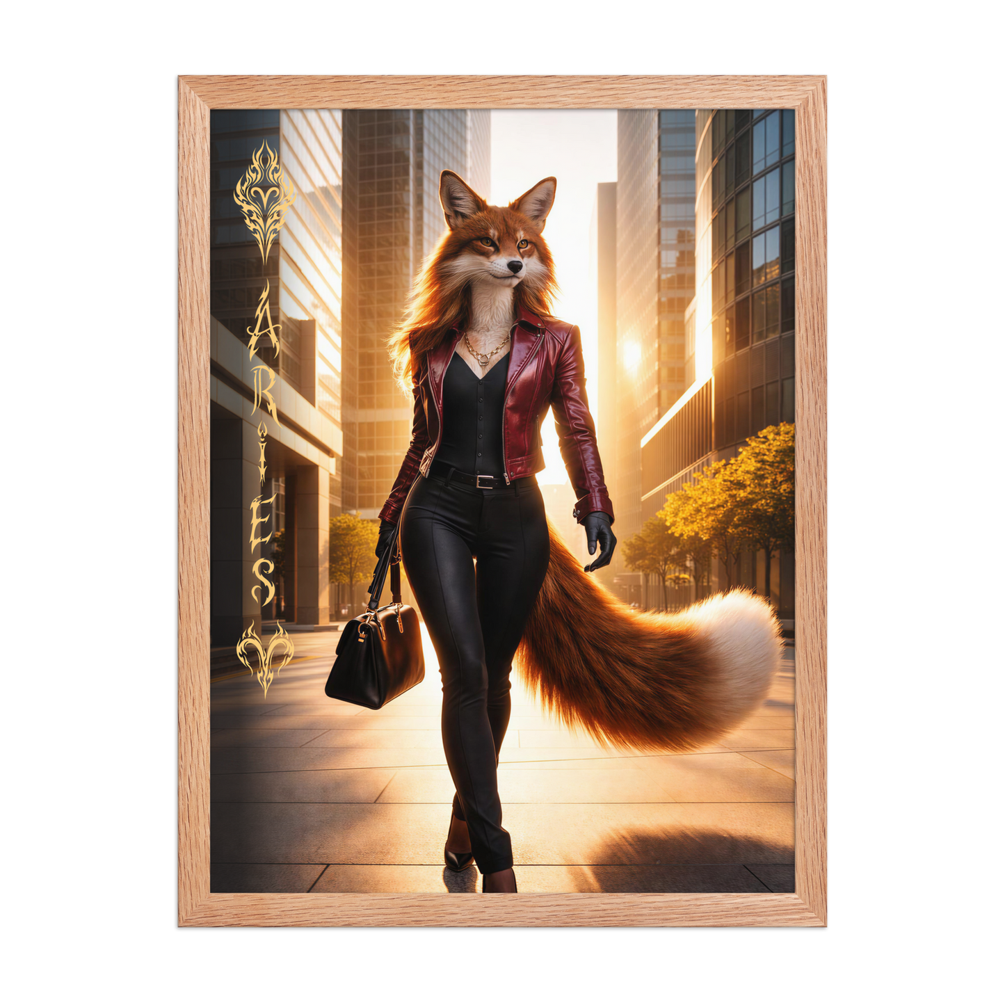Framed Aries fox woman zodiac poster walking through a modern city at sunset