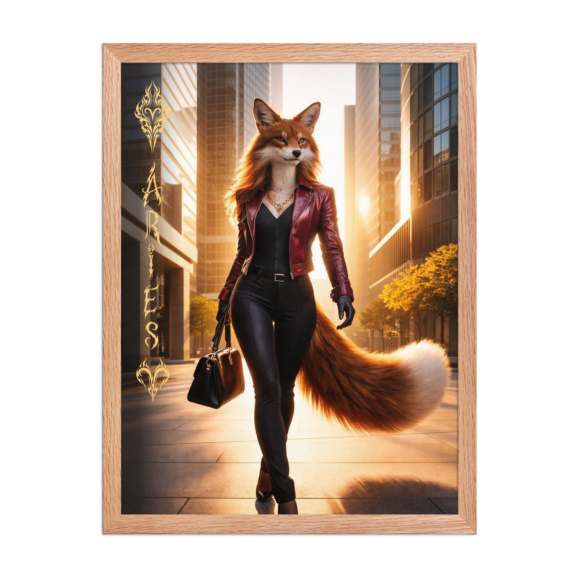 Framed Aries fox woman zodiac poster walking through a modern city at sunset