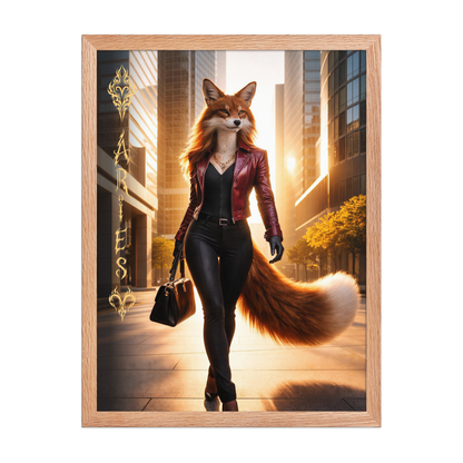 Framed Aries fox woman zodiac poster walking through a modern city at sunset